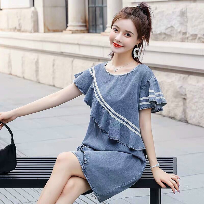 Đầm Jean Suông Phối Bèo - HN1008